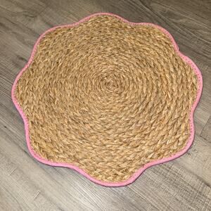 Hobby Lobby Woven Straw Flower Placemat Natural Tan Pink Trim Boho Decor NWOT